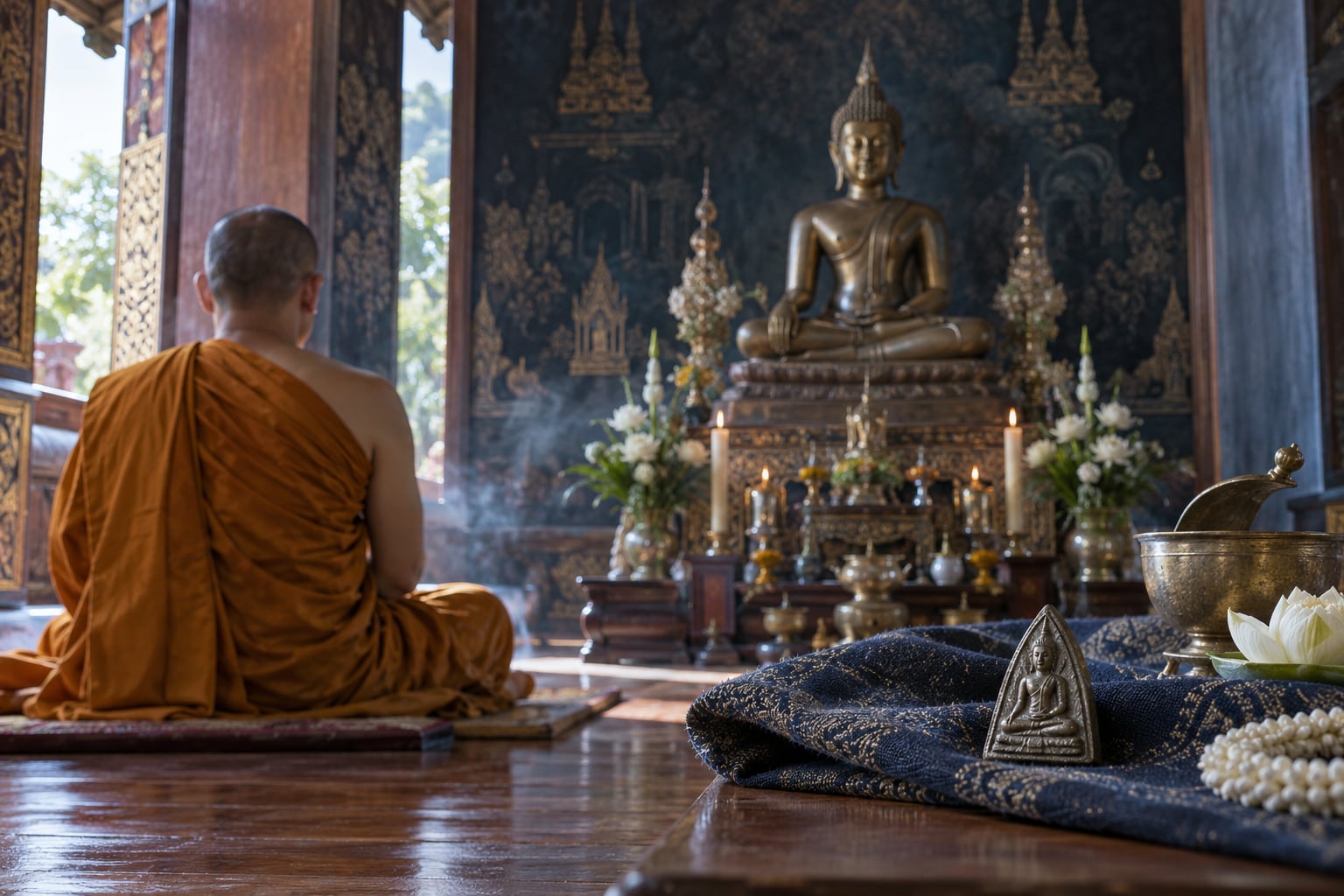 พระสงฆ์ในวัดไทยกับพระพุทธรูปและพระเครื่อง
